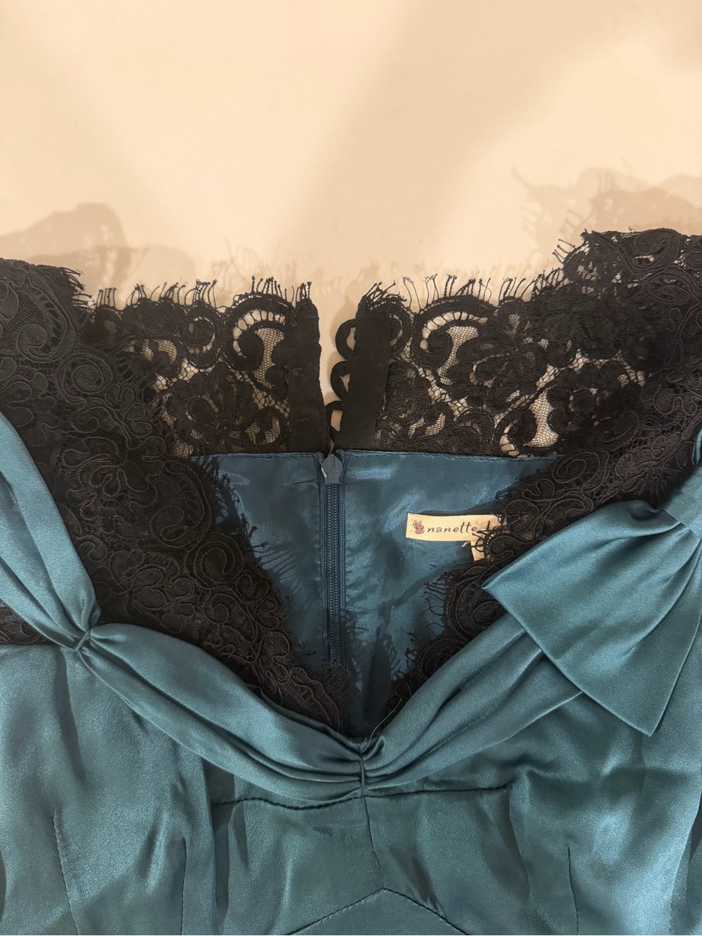 Nanette Lepore Teal Satin Lace-Trim Bow Camisole size 2 - Picture 2 of 3